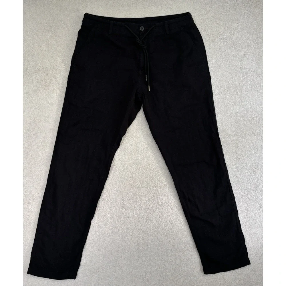 Rare Rabbit Pastor Black Drawstring Linen Blend Pants Men 34 Tapered Casual 0807